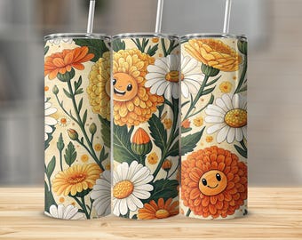 Bicchiere Daisy: Motivo floreale, Fiori con faccina sorridente - Bicchiere in acciaio inossidabile,
