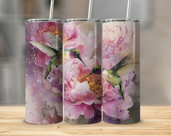 Floral Hummingbird Tumbler: Watercolor Peonies, Stainless Steel 20oz