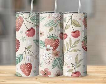 Vaso de acero inoxidable con diseño de fresa y cereza, con diseño floral