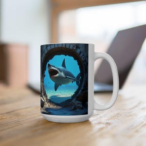 3D Shark Mug Design, Ocean Themed Coffee Cup, Unique Shark Lover Gift, Novelty Shark Mug, Underwater Shark Mug. Ceramic Mug, (15oz)