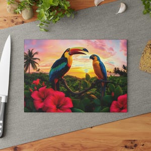Tropical Birds Sunset Tempered Glass Cutting Board