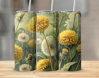 Dandelion Floral Tumbler: Insulated Stainless Steel Eco-Friendly Drinkware
