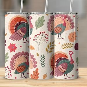 Thanksgiving Turkey Tumbler: Autumn Leaves, Stainless Steel 20oz