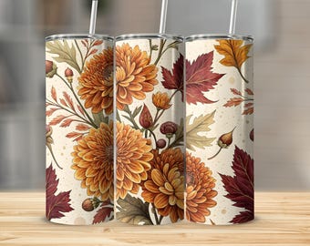 Gobelet floral d'automne : motifs chrysanthèmes et feuilles d'automne