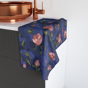 Butterfly Blooms Hand Towel Design.  Blue Pink Roses Butterflies Green Vines, hand Towel, Bathroom Decor, Hostess Gift, Home Accessory,