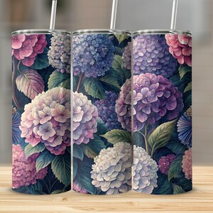 Floral Tumbler, Hydrangea Tumbler, Flower Tumbler, Pink Purple Hydrangea Art Tumbler, Gift for Her, Floral Art Tumbler