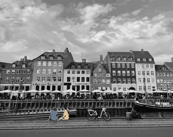 Art Print: Copenhagen Cityscape — Abstract with People and Bike