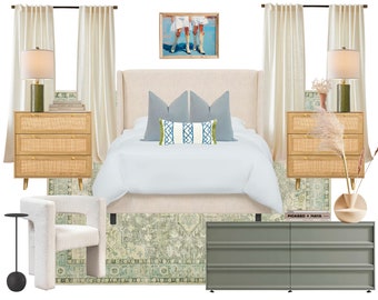 May include: A bedroom scene featuring a bed with a beige headboard, white bedding, and blue pillows. Two light wood nightstands with woven drawer fronts flank the bed. A gray dresser, a white chair, and a rug with a green and beige pattern complete the room.