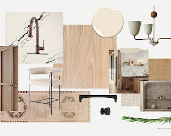 May include: A kitchen design mood board featuring a bronze faucet, a cream-colored chair, a light-colored rug, and a four-light chandelier. The board also includes wood samples, cabinet hardware, and a marble countertop.