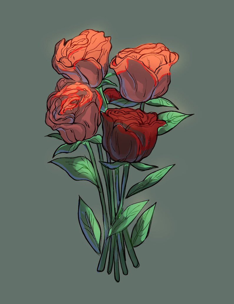 Peut inclure: Un bouquet de quatre roses rouges avec des feuilles vertes. Les roses sont dispos&eacute;es en grappe, les tiges &eacute;tant regroup&eacute;es.