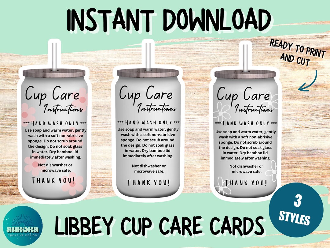 Libbey Cup Printable Inserts, Instructions Card, Glassware Cleaning Care Sheets, Instant ...