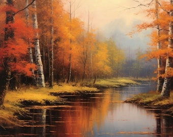 Autumn Lake, kunstdecor, impressionistisch, digitaal schilderen, kunst, kunst aan de muur, kunstverzamelaar