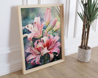 Roze lelies, aquarel kunst, digitaal schilderen, bloemen, kunst aan de muur, Art Decor