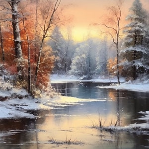 Winter Lake, Art decor, Impressionist, Digital painting, Art, Wall art, Art collector