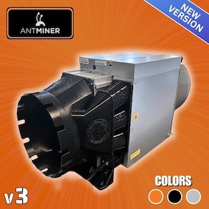 May include: A black and silver Antminer cryptocurrency mining rig with a large fan and a black and silver casing. The rig is labeled "Antminer" and "v3".