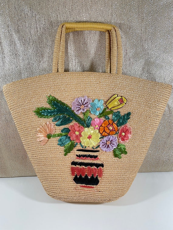 Vintage 1950s Straw Tote bag Raffia Flowers Bouquet i… - Gem