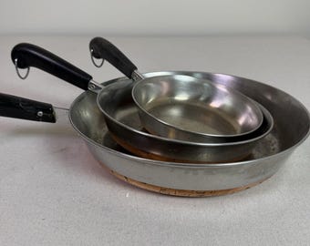 Vintage Revere Ware 1801 Copper Bottom Skillet Set 12 Inch 9 Inch 7 Inch Frying Pans Clinton IL Pre 1968 Mid Century Kitchen