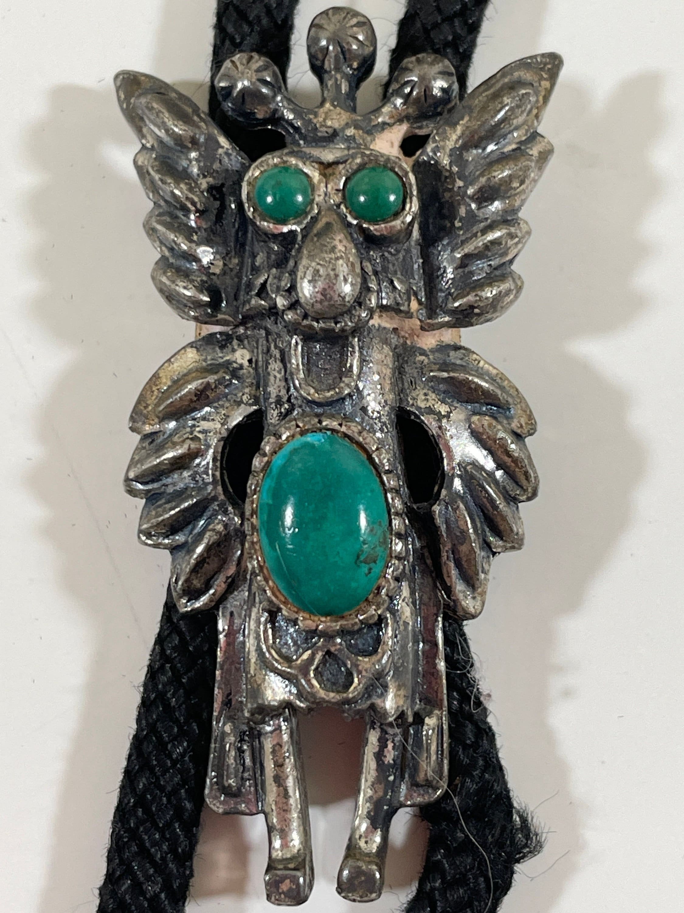 Eye-catching Native American Navajo Royston Turquoise Sterling Silver Kachina Bolo Signed Eye-catching Native American Navajo Royston Turquoise Sterling Silver Kachina Bolo Signed