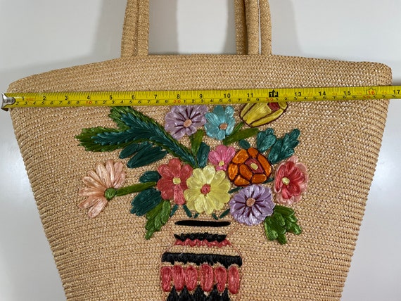1950s vintage handbag purse, White straw with 3D velvet roses top handle basket purse