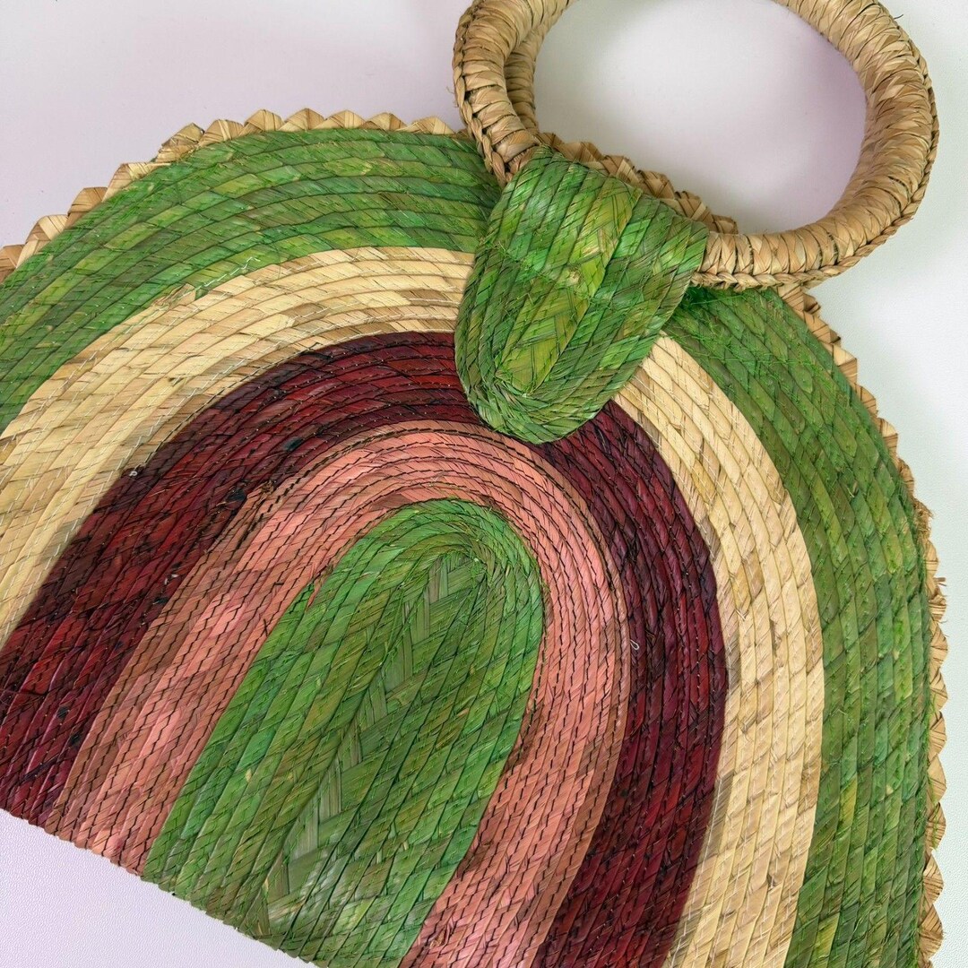 Rainbow Straw Handbag Woven Raffia Purse Circle Handle Boho Statement ...