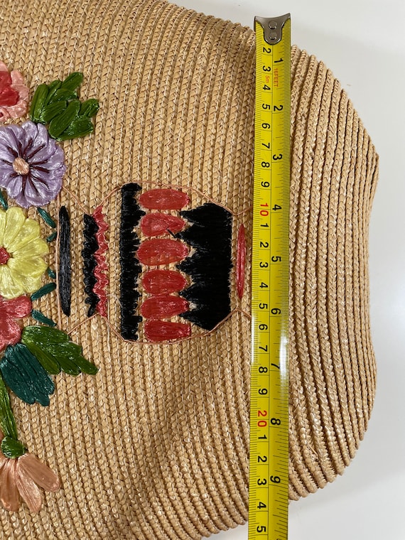 Vintage 1950s Straw Tote bag Raffia Flowers Bouquet i… - Gem