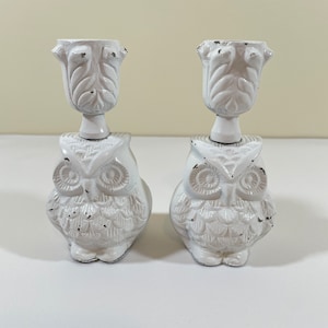 Owl Candle Holder Set of Two Painted White Rustic Shabby Chic Cottage Home Decor Taper candlesticks