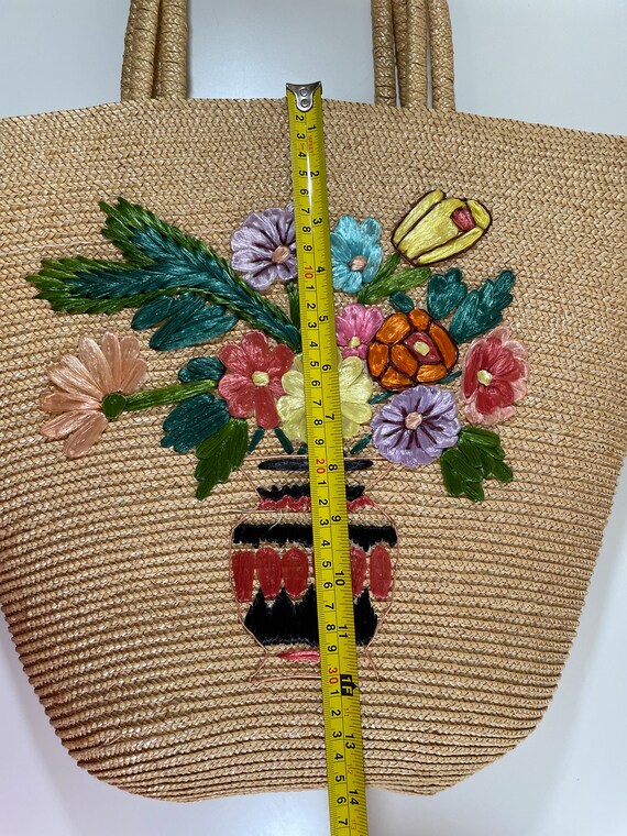 Vintage 1950s Straw Tote bag Raffia Flowers Bouquet i… - Gem