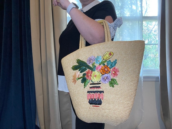 Vintage 1950s Straw Tote bag Raffia Flowers Bouquet i… - Gem