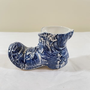 Toile Style Vintage Porcelain Blue Boot Shoe Staffordshire England &#39;Old Foley&#39; Home Accessory Decor