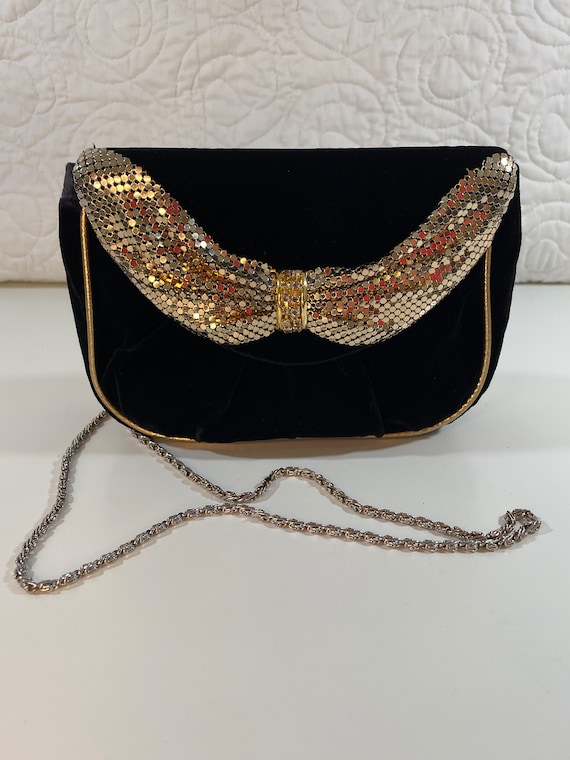 Vintage Clutch Purse Evening Bag Black Velvet Gol… - image 1