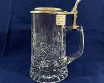 German Beer Stein Etched Glass Tin Pewter Lid Leaping Trout Fish Scene Domex