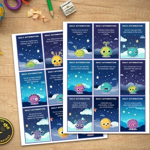 Cartes d'auto-soins extraterrestres mignons pour enfants, cartes flash d'aide positive, estime de soi, confiance, affirmation mignonne, amour de soi numérique imprimable
