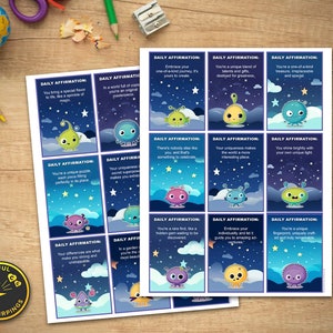 Adorables tarjetas de autoestima de extraterrestres para niños, tarjetas flash de ayuda positiva, afirmación linda, confianza, cuidado, amor propio imprimible digital
