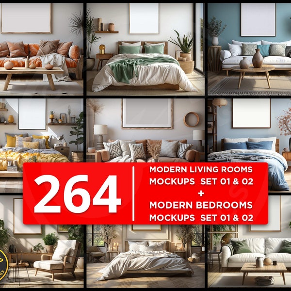 Living Room Set 1 and 2 + Bedroom Set 1 and 2 Bundle, Interior Room Mockup Pack, Photography Backdrop, Digital Backgrounds, Digital Backdrop