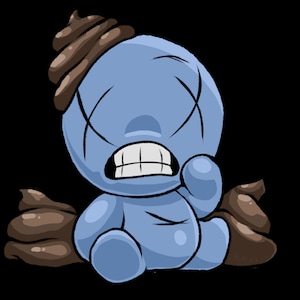 May include: Cartoon illustration of a blue character with X's for eyes and a grimacing expression. The character has a pile of brown feces on its head and is sitting next to two more piles of feces. The background is black.