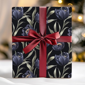 Dark Gothic Wrapping Paper 28x39&quot; Roll Black Tulip Gift Wrap Birthday Holiday Christmas Wrapping Paper Goth Gift Victorian Floral Print