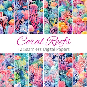 Watercolor Coral Reef Digital Paper – Seamless Patterns (JPG, 12x12)