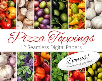 Pizzatopping digitaal papier, aquarelpatronen (12 naadloze ontwerpen)