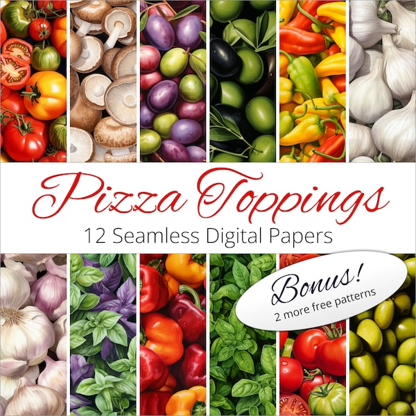 12 Seamless Pizza Topping Backgrounds Digital Paper Patterns for scrapbooking, decor, packaging, art prints