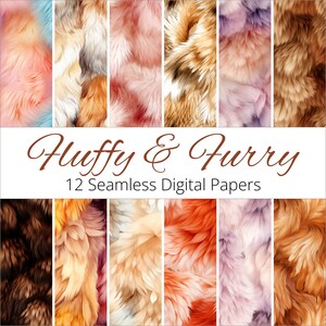 May include: Twelve seamless digital papers featuring a variety of fluffy and furry textures in shades of brown, orange, pink, and purple.  The papers are perfect for crafting, scrapbooking, and digital design projects.