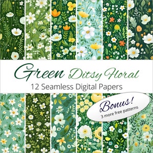 12 Seamless Green Ditsy Floral Digital Paper Patterns for weddings, invitations, scrapbooking, keepsakes