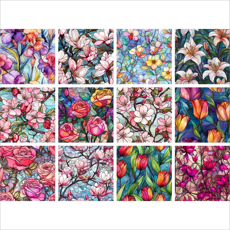 Pink Floral Stained Glass Digital Paper Pack - 12 Seamless Designs - Etsy
