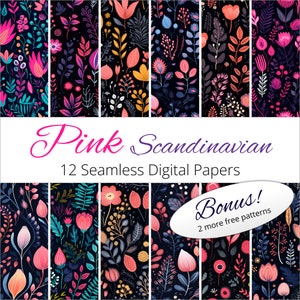 12 Seamless Pink Scandinavian Botanical Backgrounds Digital Paper Patterns for scrapbooking, decor, packaging, wrapping paper