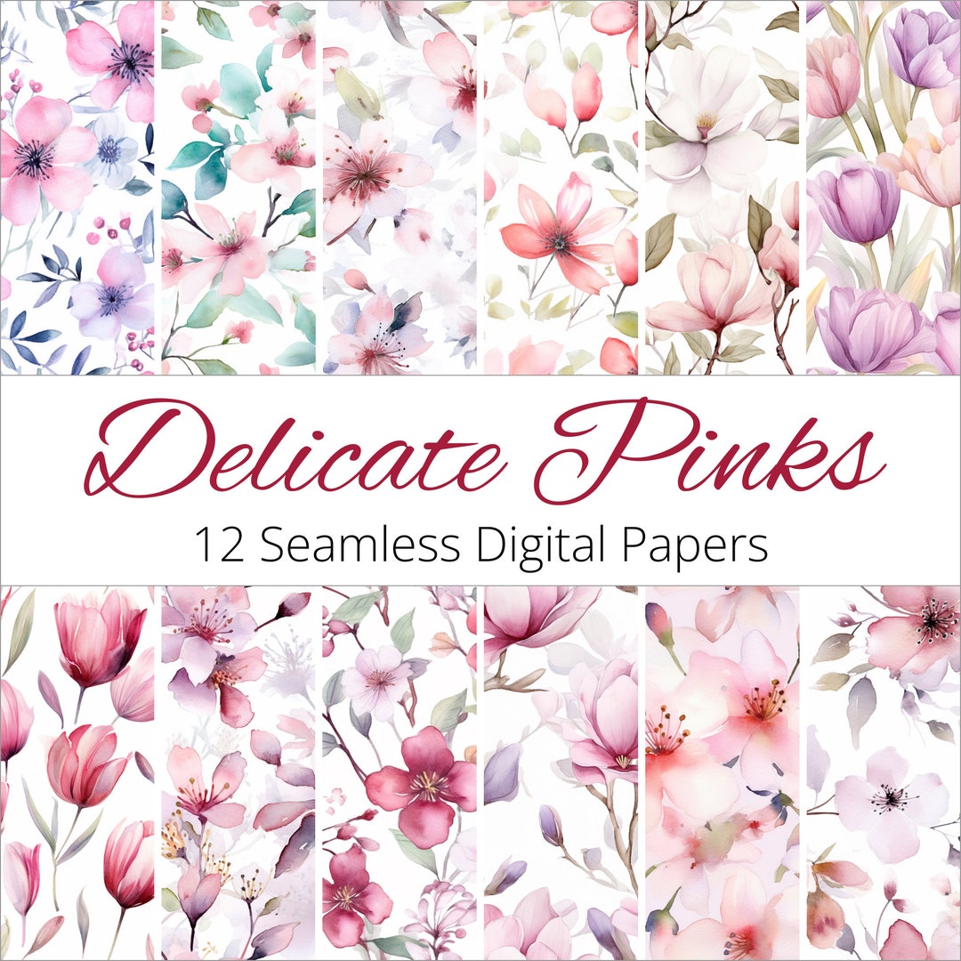 Delicate Pink Floral Digital Paper Pack, Seamless Watercolor Flowers ...