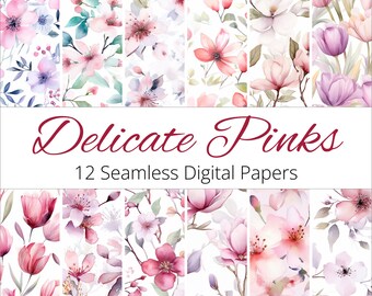 Zart rosa Floral Digital Paper Pack, nahtlose Aquarell Blumen (12 Designs)