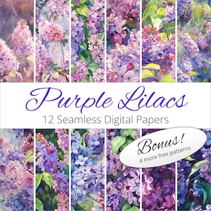 May include: A digital paper pack featuring 12 seamless patterns of purple lilacs. The patterns are perfect for scrapbooking, card making, and other crafting projects. The pack also includes 4 bonus free patterns.