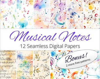 May include: Twelve digital papers featuring watercolor illustrations of musical notes and sheet music. The papers are seamless and can be used for scrapbooking, card making, and other craft projects. Bonus: two more free patterns are included.