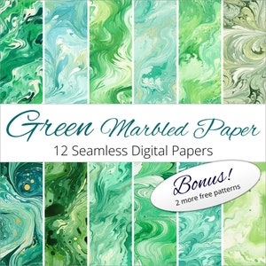 May include: Twelve seamless digital papers featuring green and white marbled patterns. The papers have a swirling, abstract design.  The text "Green Marbled Paper" and "12 Seamless Digital Papers" is at the top of the image.  The text "Bonus! 2 more free patterns" is in a white oval at the bottom of the image.