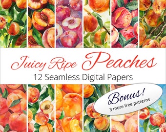Hand-Painted Peaches Digital Paper Set - Seamless Watercolor Designs