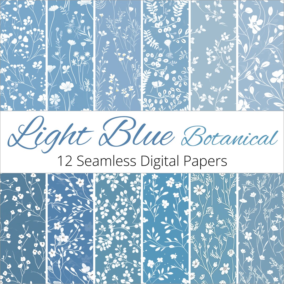 Light Blue Botanical Patterns: Digital Scrapbook Paper - 12 Seamless ...